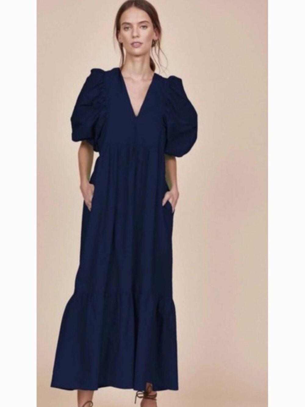 Hunter Bell Palmer Dress Navy Blue Puff Sleeves Tiered Maxi size medium